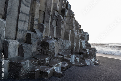 Black sand beach in Iceland with vocanic rock photo