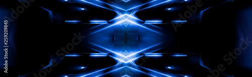 Tunnel in blue neon light, underground passage. Abstract blue background. Background of an empty black corridor with neon light. Abstract background with lines and glow © MiaStendal