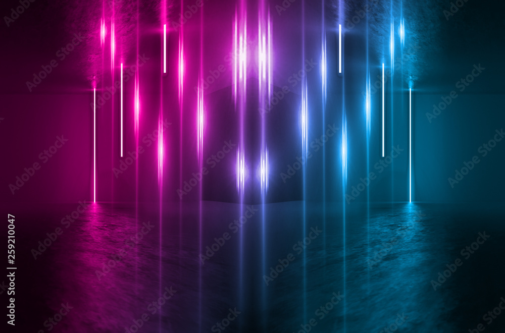 Background of empty room, tunnel. Concrete coating. Laser lines. Smoke, neon light Background of empty room, tunnel. Concrete coating. Laser lines. Smoke, neon light