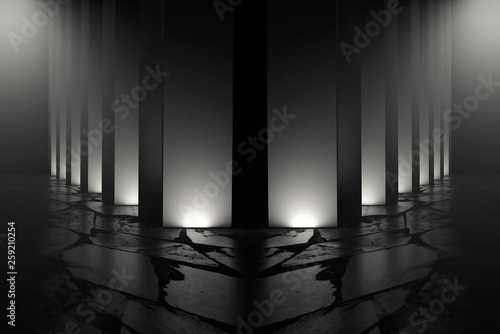 Background of empty room  corridor with concrete floor  tiles. Columns  spotlight  smoke