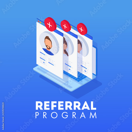 Isometric Referral marketing, network marketing, referral program strategy, referring friends, business partnership, affiliate marketing concept.