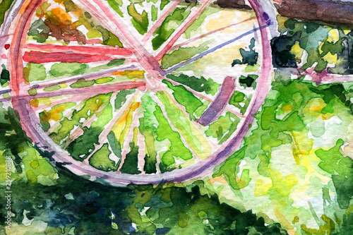 bicycle. wheel. grass. sunny. spring Summer . watercolor