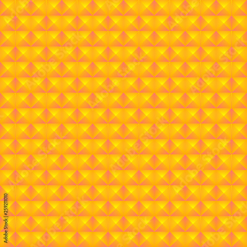 Chaotic pattern of yellow rhombuses and orange pyramids.