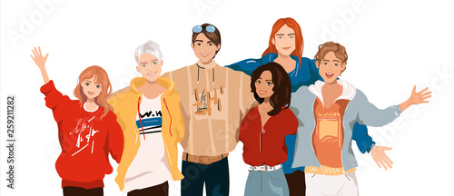 Vector illustration group portrait of smiling friends standing together. Fashion teenage boys and girls embracing each other. Happy people isolated on white background. Detalized cartoon