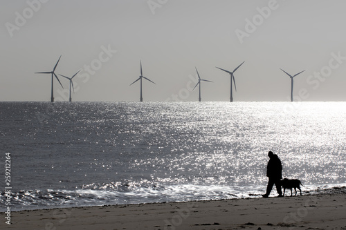 Peaceful landscape image. Lonely person dog walker. Mans best friend.