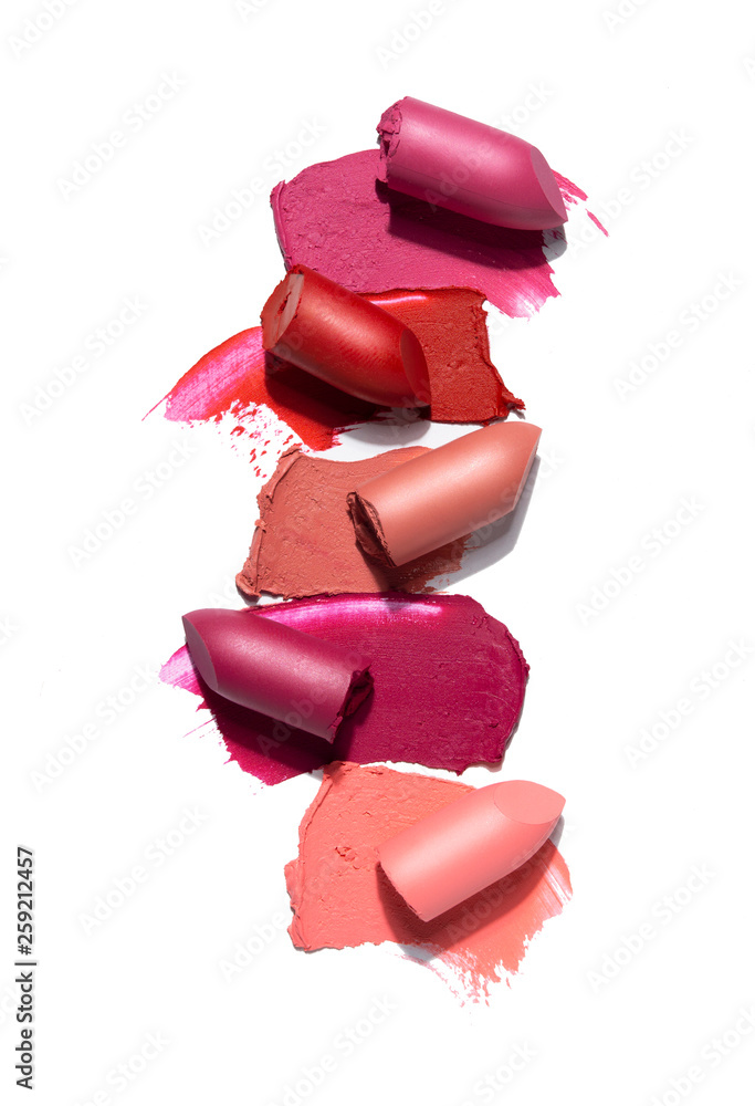 Creative concept photo of cosmetics swatches beauty products lipstick on white background. - obrazy, fototapety, plakaty 