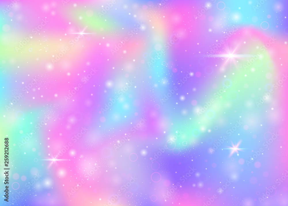Obraz premium Unicorn background with rainbow mesh. Girlie universe banner in princess colors. Fantasy gradient backdrop with hologram. Holographic unicorn background with magic sparkles, stars and blurs.