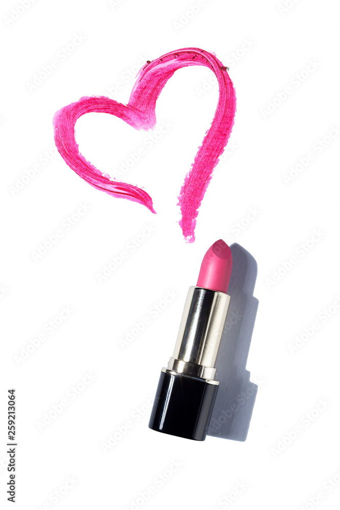 Creative concept valentine photo of cosmetics swatches beauty products lipstick with heart on white background. Creative concept valentine photo of cosmetics swatches beauty products lipstick with heart on white background.