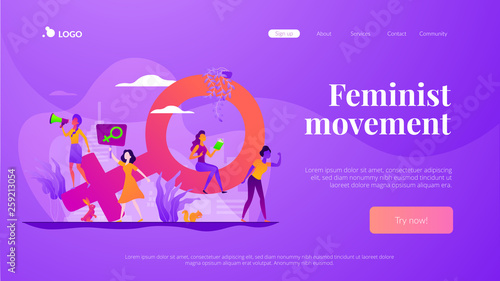Concept of feminism, girl power, movement, female equality, equal social and civil rights. Website interface UI template. Landing web page with infographic concept creative hero header image.