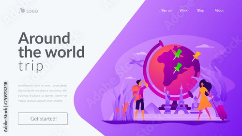 Traveling the world, worldwide adventure, around the world trip concept. Website interface UI template. Landing web page with infographic concept creative hero header image.