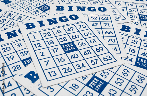 Bingo game cards. Bingo numbers with blue and white background.