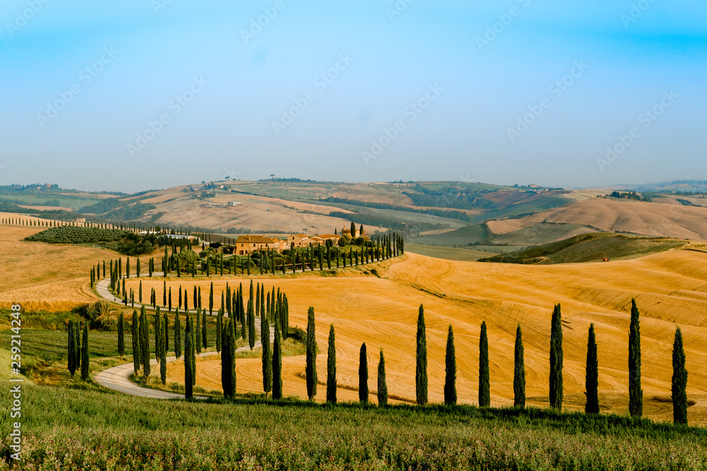 Tuscany road in Italy on a beautiful blue day with blue sky