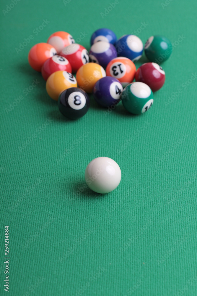 Billiard balls on a green table close-up Billiard balls on a green table close-up