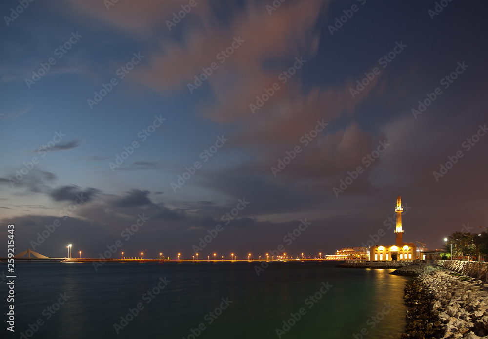 Mosque at Muharraq corniche durning evening hours Mosque at Muharraq corniche durning evening hours