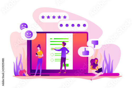 Online survey, internet questionnaire form, marketing research tool and target audience survey. Vector isolated concept illustration with tiny people and floral elements. Hero image for website.