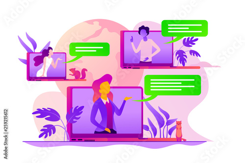 Web seminars and webcasts, peer-level web meetings, collaborative sessions and webinar concept. Vector isolated concept illustration with tiny people and floral elements. Hero image for website.