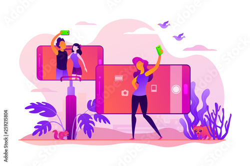 Concept of selfie culture, social network, blog, vlog, self-portrait, popularity. Colorful vector isolated concept illustration with tiny people and floral organic elements. Hero image for website.