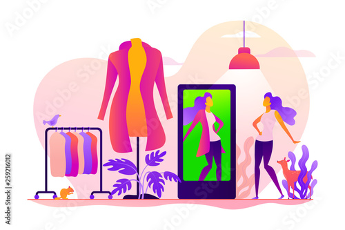 Virtual fitting room, online dressing, e-commerce clothing room concept. Colorful vector isolated concept illustration with tiny people and floral organic elements. Hero image for website.