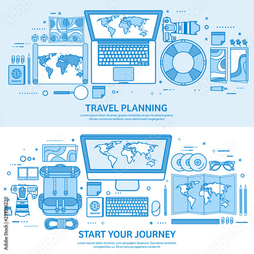 Travel and tourism. World map, earth globe. Trip tour journey, summer holidays. Traveling, exploring worldwide. Adventure expedition. Flat blue outline background. Line art vector illustration.