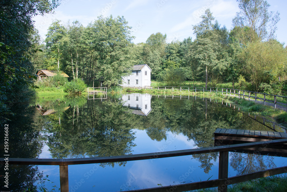 Obraz premium Blick über einen See auf ein altes Haus