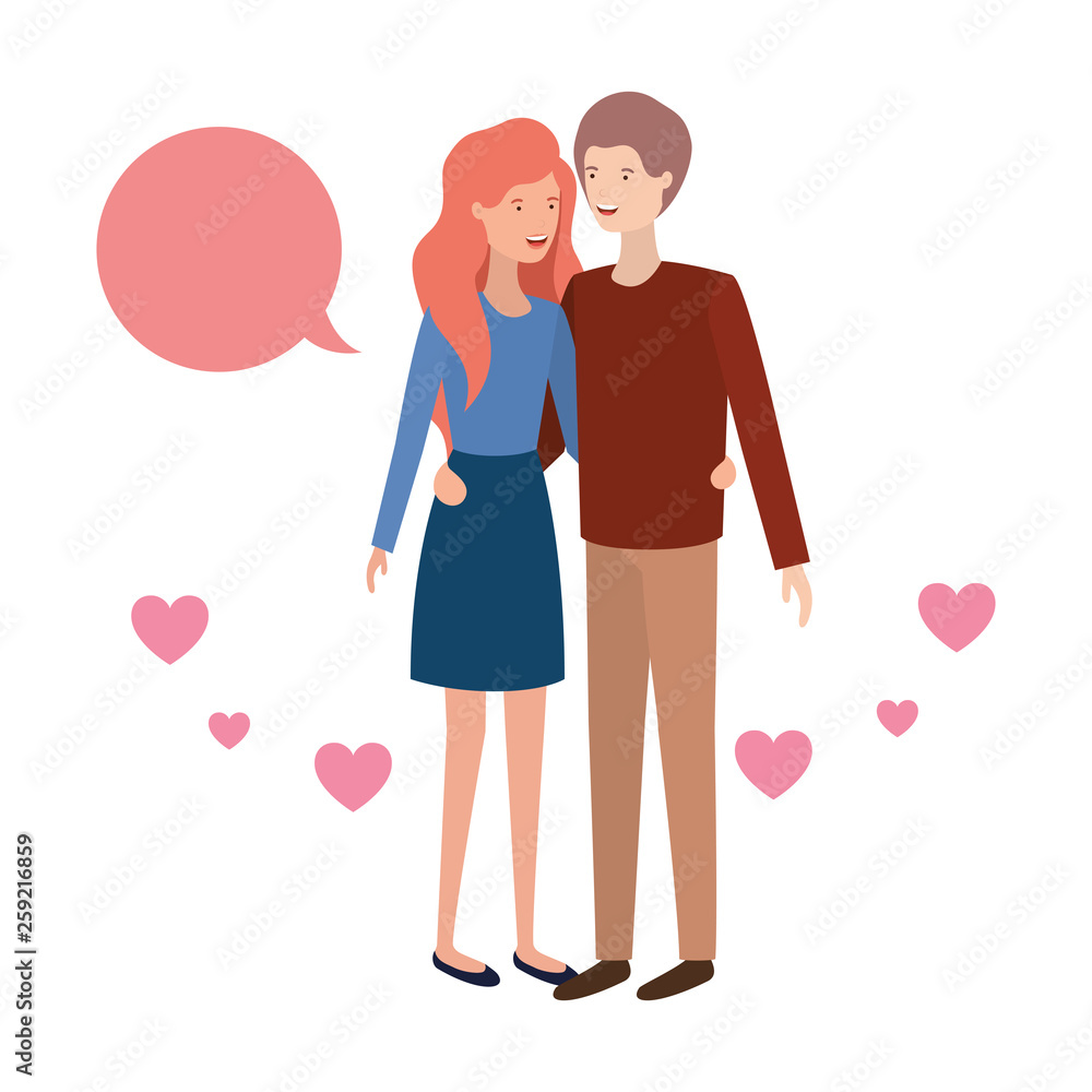 young couple with speech bubble avatar character young couple with speech bubble avatar character