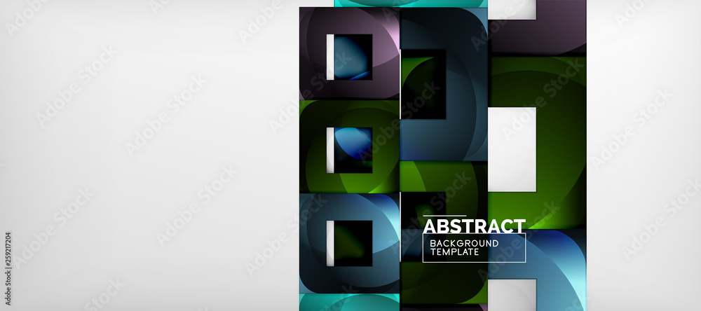 Abstract geometric background. Glossy square shapes composition on grey, minimalistic style template with copyspace Abstract geometric background. Glossy square shapes composition on grey, minimalistic style template with copyspace