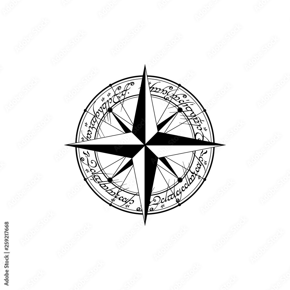 Black compass silhouette with sample arabic text isolated on white background Black compass silhouette with sample arabic text isolated on white background