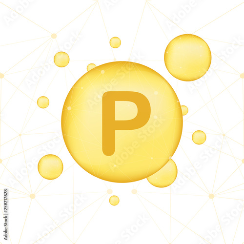 Vitamin P gold shining icon. Ascorbic acid. Vector illustration