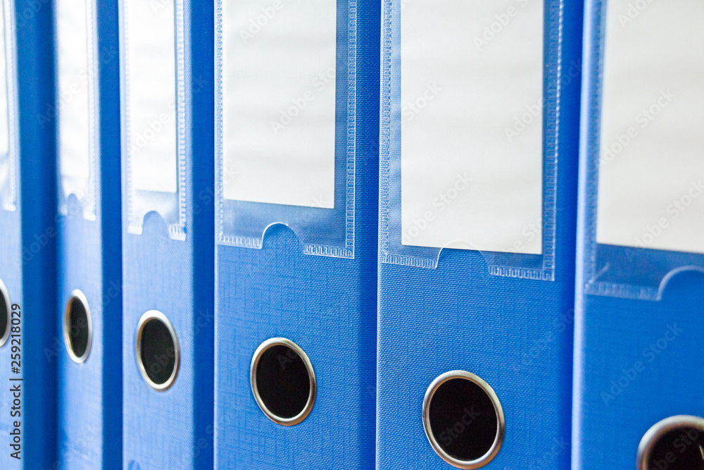 Office folders isolated . Row of blue office folders with blank labels
