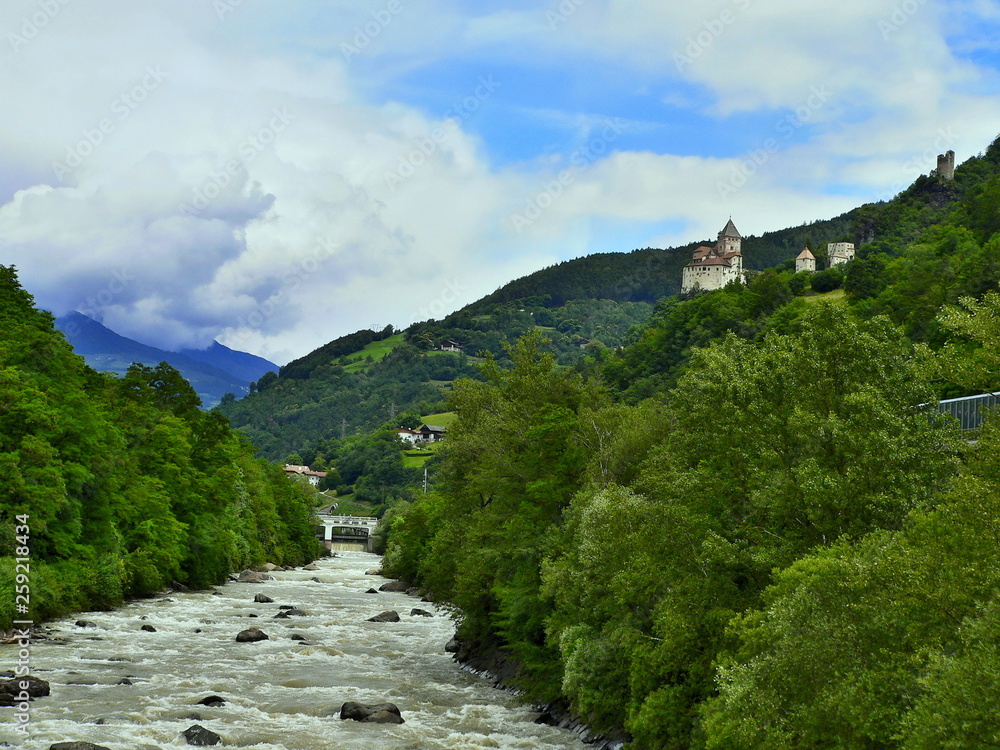 Fototapeta premium Italy-river Isarco and castle Trostburg