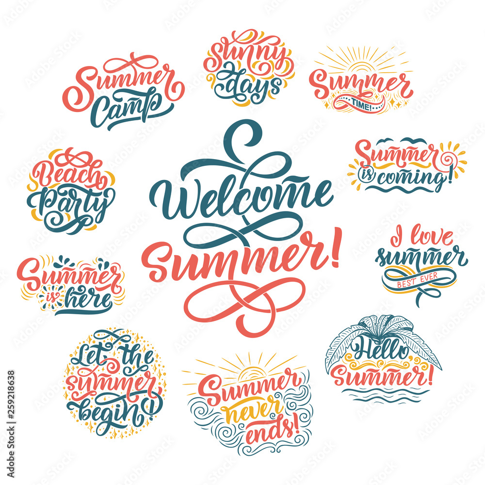 Vector hand drawn set with lettering about Summer. Isolated calligraphy for travel agency, beach party. Great design for postcard, print or poster.