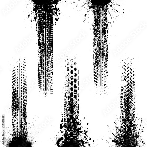 Set of five black splash tire tracks isolated on white background
