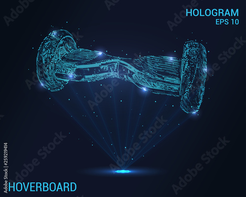 Self-balancing scooter hologram. Digital and technological background hoverboard. Futuristic hoverboard design.