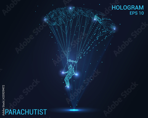 Parachutist hologram. Digital and technological background parachutist. Futuristic skydiver design.