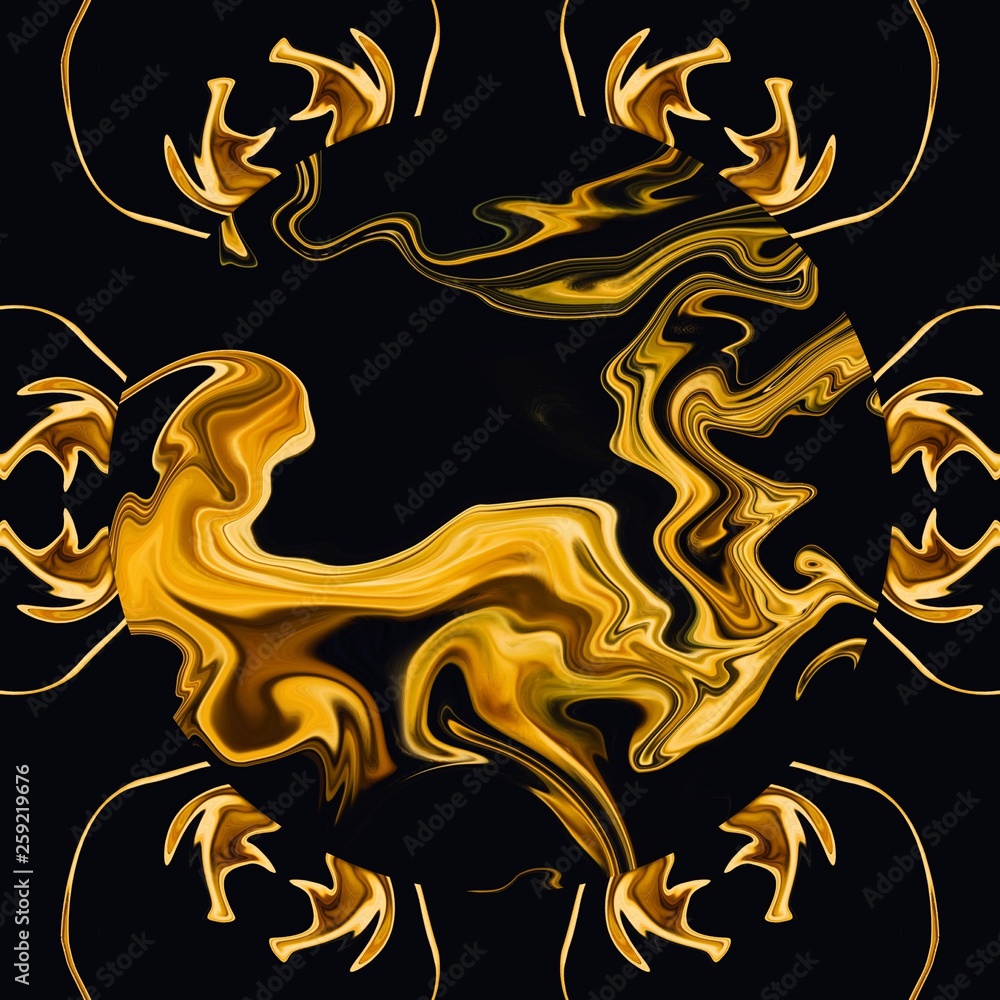 Liquid gold imitation design pattern. Real golden color abstract fractal art. Creative background in asian or arabic style. Rich luxury wallpaper. Wall decor print template.