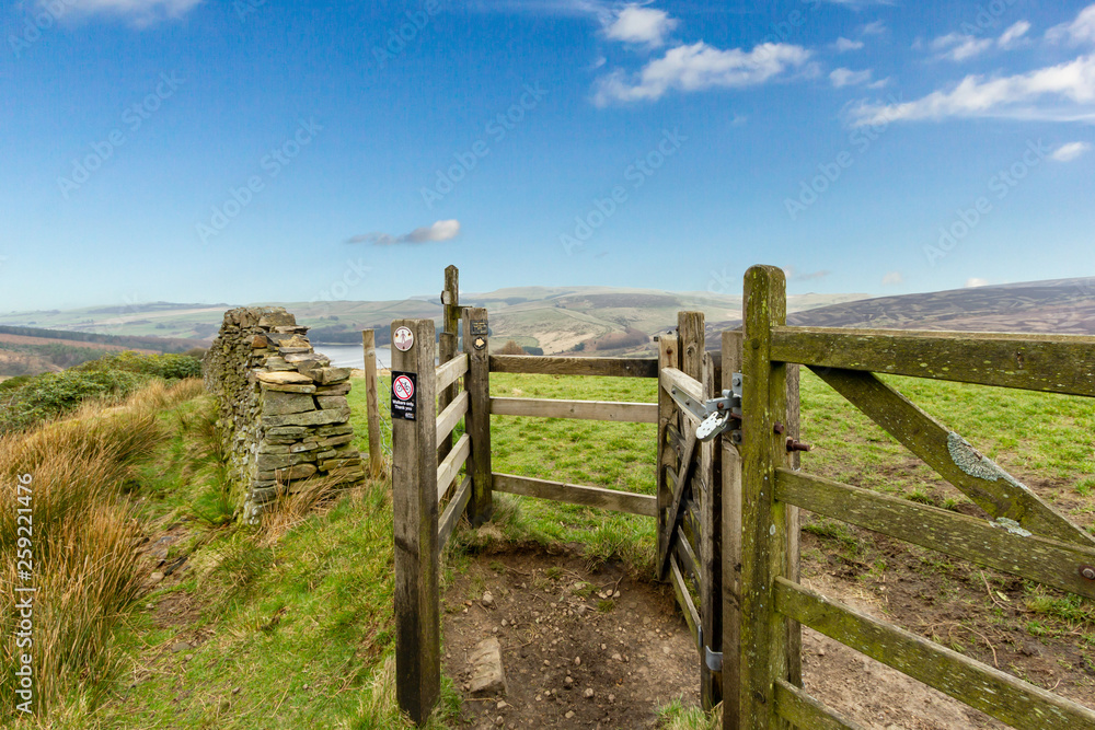 A view of a wooden walker gate with green vegetation, lake and hills in the background under a majestic blue sky and white clouds