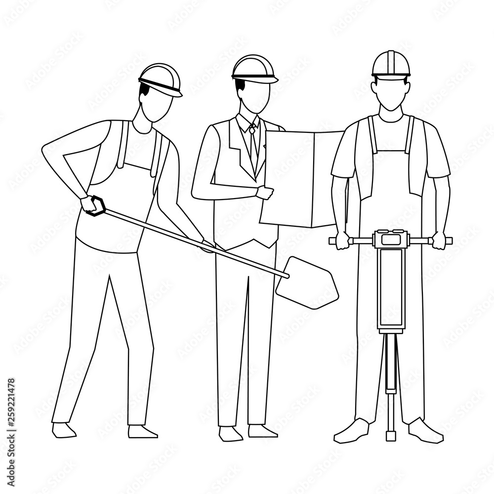 Construction workers workers tools in black and white Construction workers workers tools in black and white