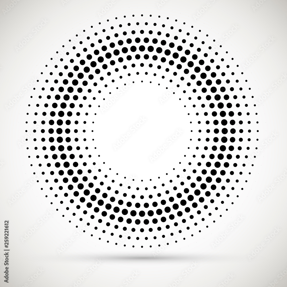 Halftone dotted background circularly distributed. Halftone effect vector pattern.Circle dots isolated on the white background.Border logo icon. Draft emblem for your design.