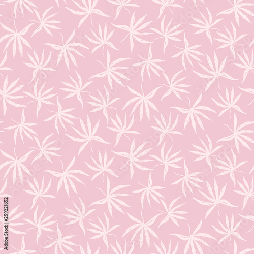 Tender pastel pink seamless pattern with hand drawn white inky tropical leaves. Light coral chinese ink exotic weed elements texture for textile, wrapping paper, cover, surface, wallpaper
