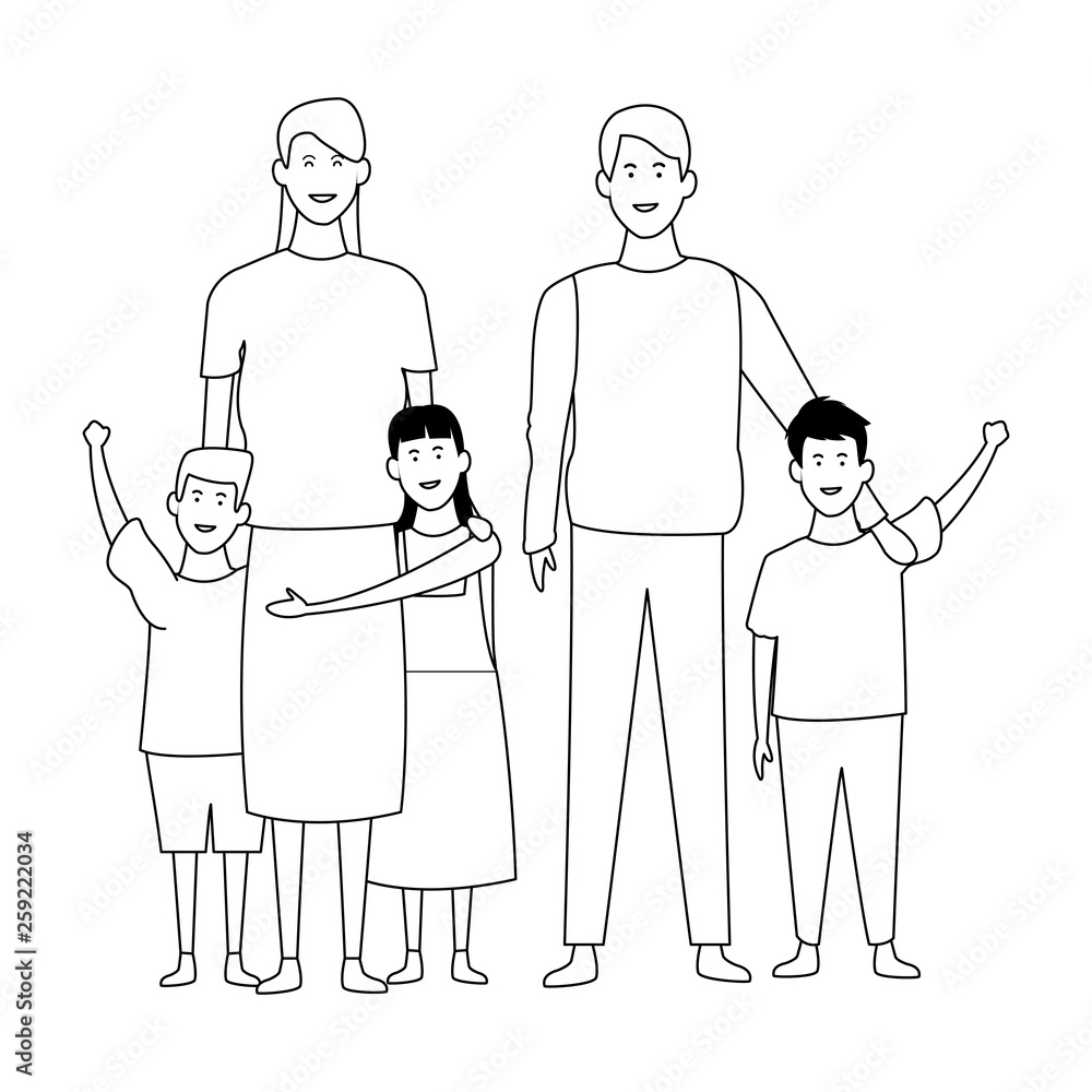 Family with kids cartoons in black and white