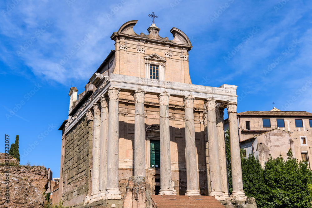Ancient Roman Temple  - A front closeup view of the 2nd-century Roman Temple of Antoninus and Faustina, later converted to a Roman Catholic church named as San Lorenzo in Miranda, in Roman Forum. 
