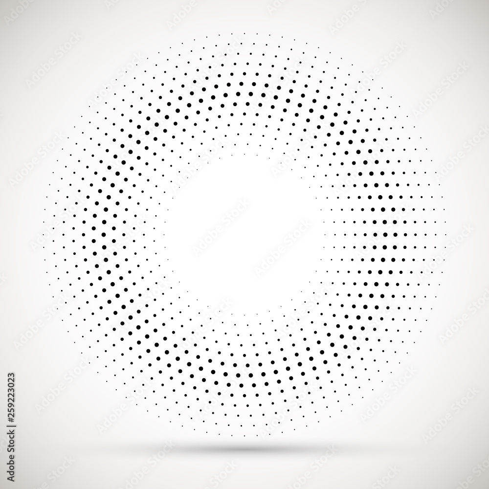 Black abstract vector circle frame halftone dots logo emblem design element. Rounded border icon. Isolated halftone circle dots vector texture.