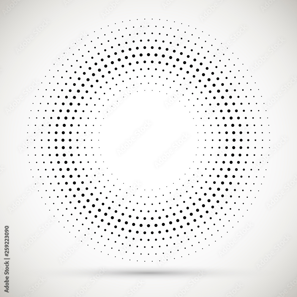 Black abstract vector circle frame halftone dots logo emblem design element. Rounded border icon. Isolated halftone circle dots vector texture.