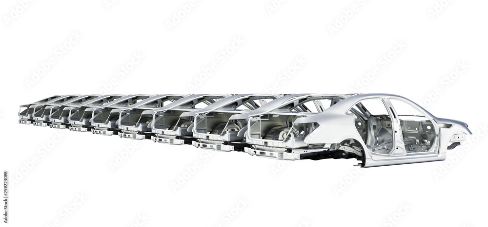 Car bodies lined up in a row isolated on white background 3d illustration without shadow Car bodies lined up in a row isolated on white background 3d illustration without shadow