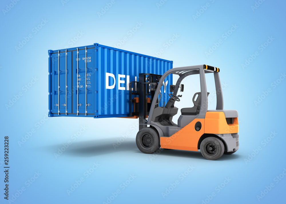 Forklift handling the cargo shipping container with an inscription delivery isolated on blue gradient background 3d render