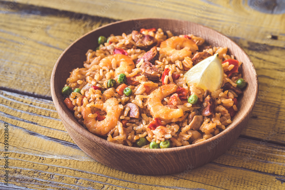 Bowl of chicken and chorizo paella Bowl of chicken and chorizo paella