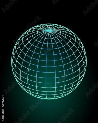 Wireframe globe model in green and blue design, green glow on black background. 3d space illusion. Vector design element.