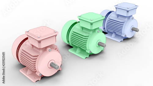 3D rendering - red, green and blue outline electric motors