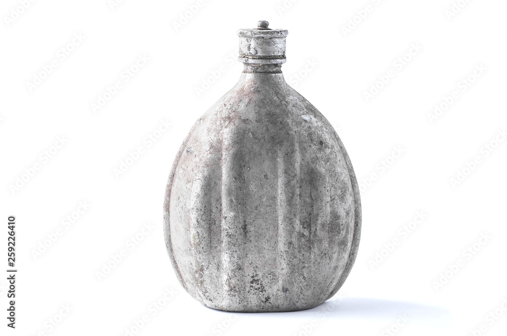 Old military dirty flask food and beverage storage container, isolate Old military dirty flask food and beverage storage container, isolate
