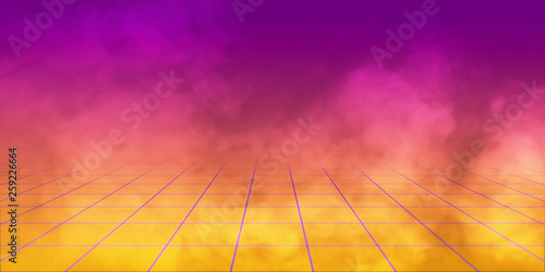 3D Render, background retro 1980 , yellow and purple gradient whit grid and smoke.